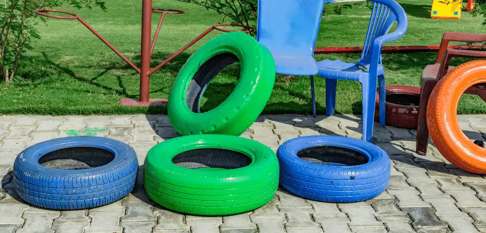 Tire painted in green, orange, blue