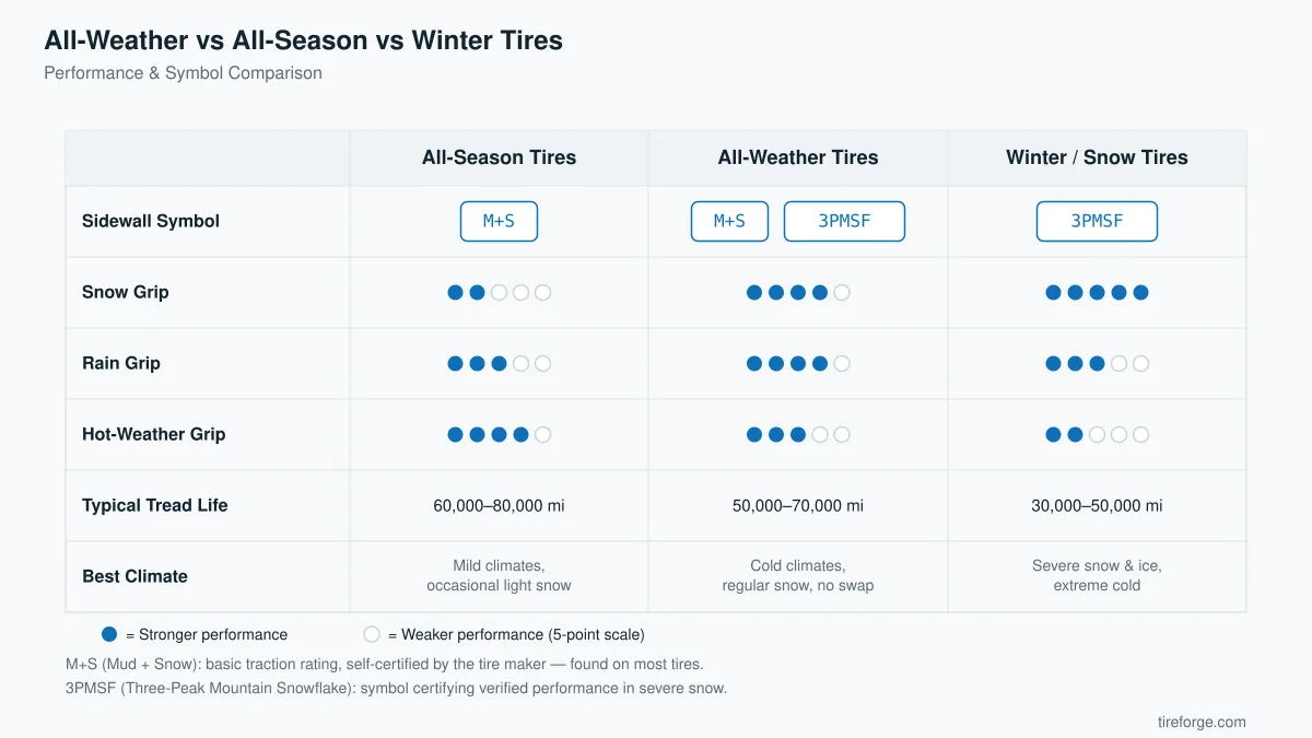 Comparison table of All-Season, All-Weather, and Winter/Snow tires showing sidewall symbols (M+S, 3PMSF), dot ratings for snow/rain/heat grip, tread life, and best climate.