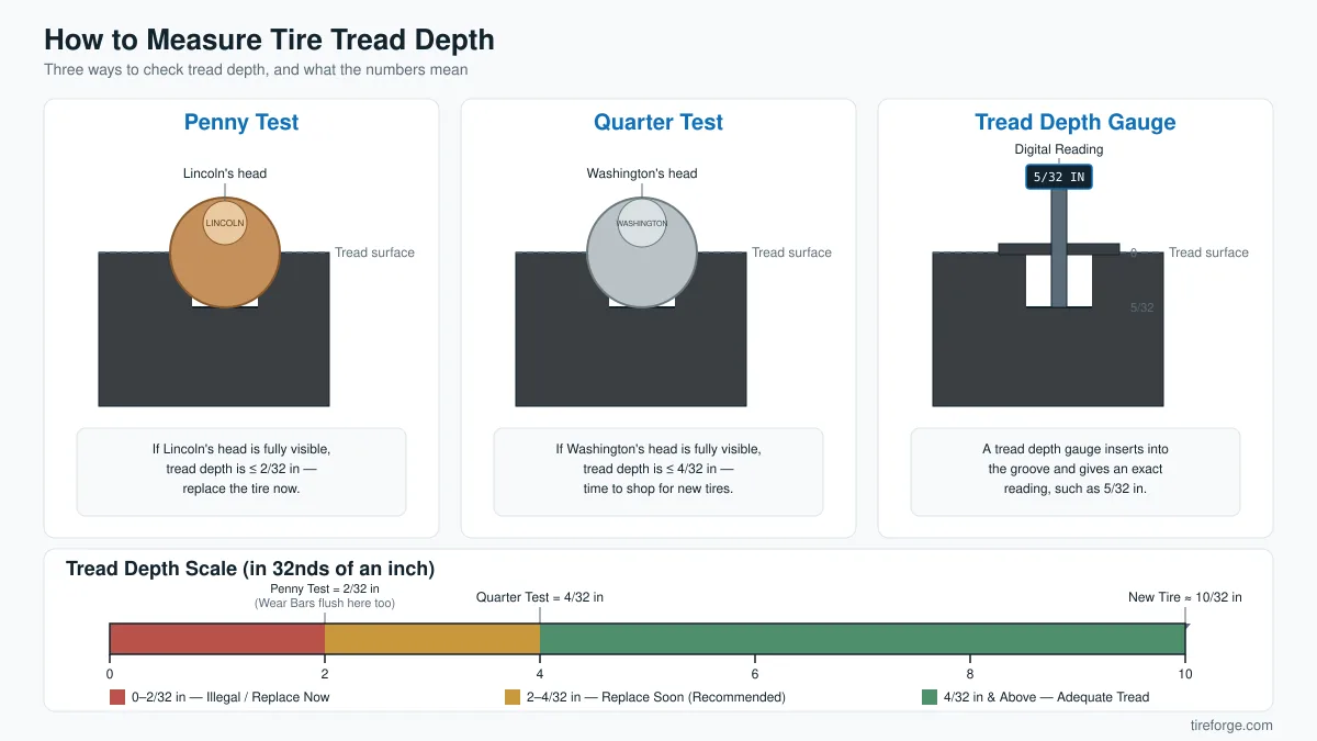 Diagram comparing the penny test, quarter test, and a tread depth gauge for measuring tire tread, with a scale marking 2/32, 4/32, and 10/32 inch thresholds.