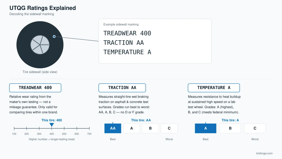 Diagram decoding a tire sidewall's UTQG marking into Treadwear 400, Traction AA, and Temperature A, each with an explanation and rating scale.