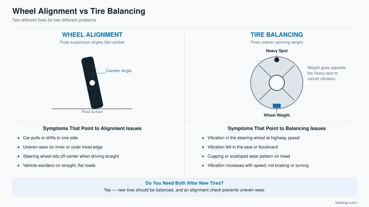 Diagram comparing wheel alignment, shown as a tilted wheel with a camber angle, against tire balancing, shown as a wheel with a heavy spot and a counterweight, with symptom lists for each.