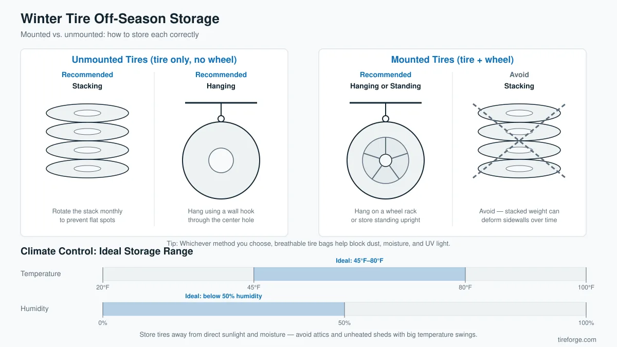 Diagram comparing stacking and hanging storage for unmounted vs mounted winter tires, plus ideal storage temperature and humidity ranges.