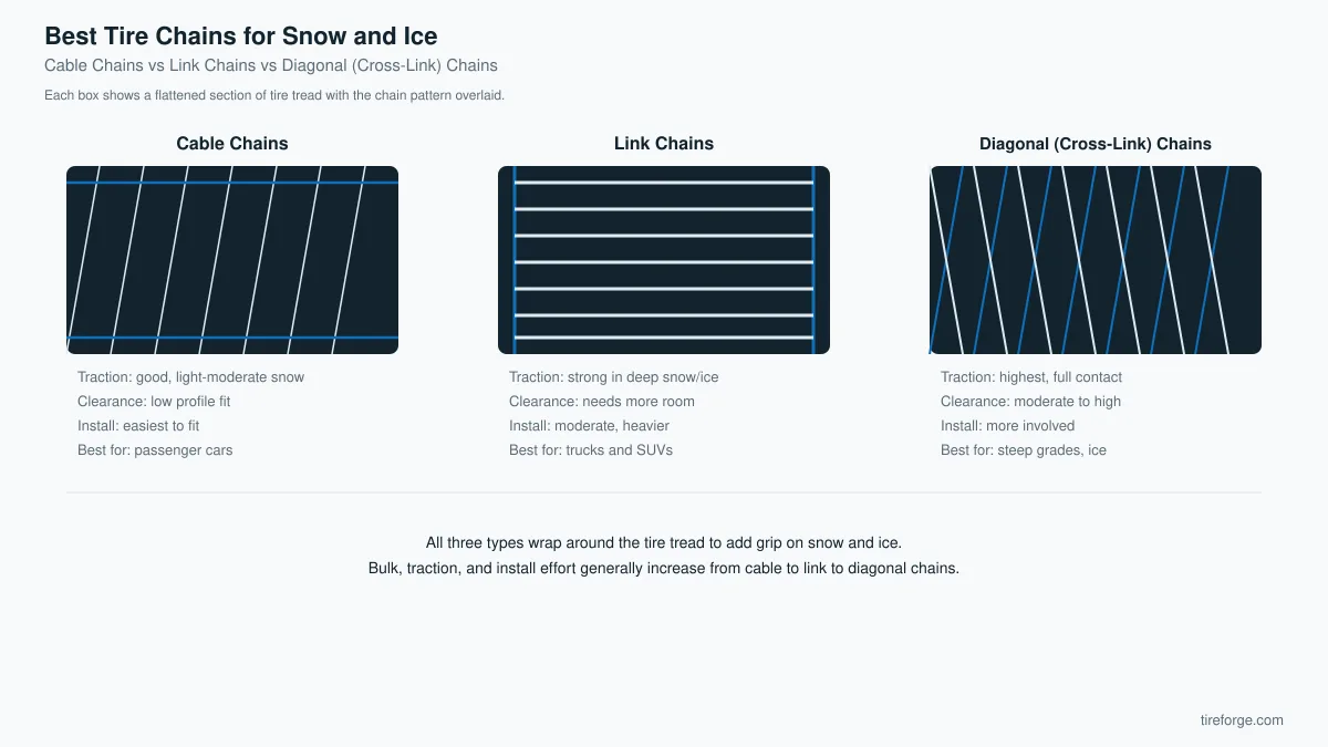 Diagram comparing cable, link, and diagonal (cross-link) tire chain patterns side by side, each labeled with traction, clearance, install difficulty, and best-use notes.