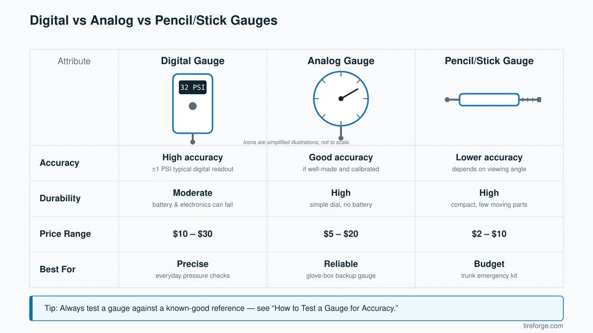 Comparison chart of digital, analog, and pencil/stick tire pressure gauges rating their accuracy, durability, price range, and best use.