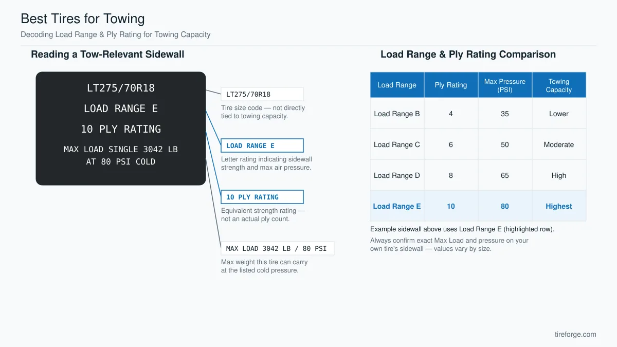 Diagram decoding a towing tire's sidewall markings (tire size, Load Range E, 10 Ply Rating, Max Load) alongside a table comparing Load Range B–E, ply rating, max pressure, and towing capacity.