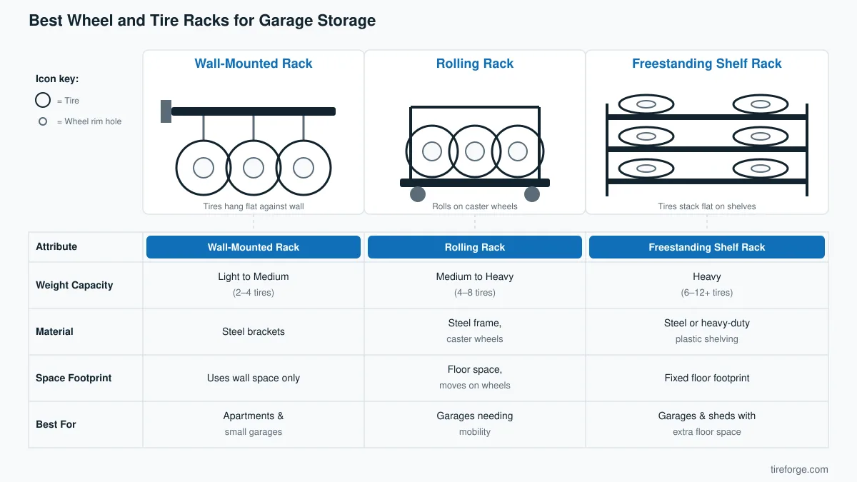 Illustration comparing wall-mounted, rolling, and freestanding tire racks with a table of weight capacity, material, space footprint, and best use for each type.